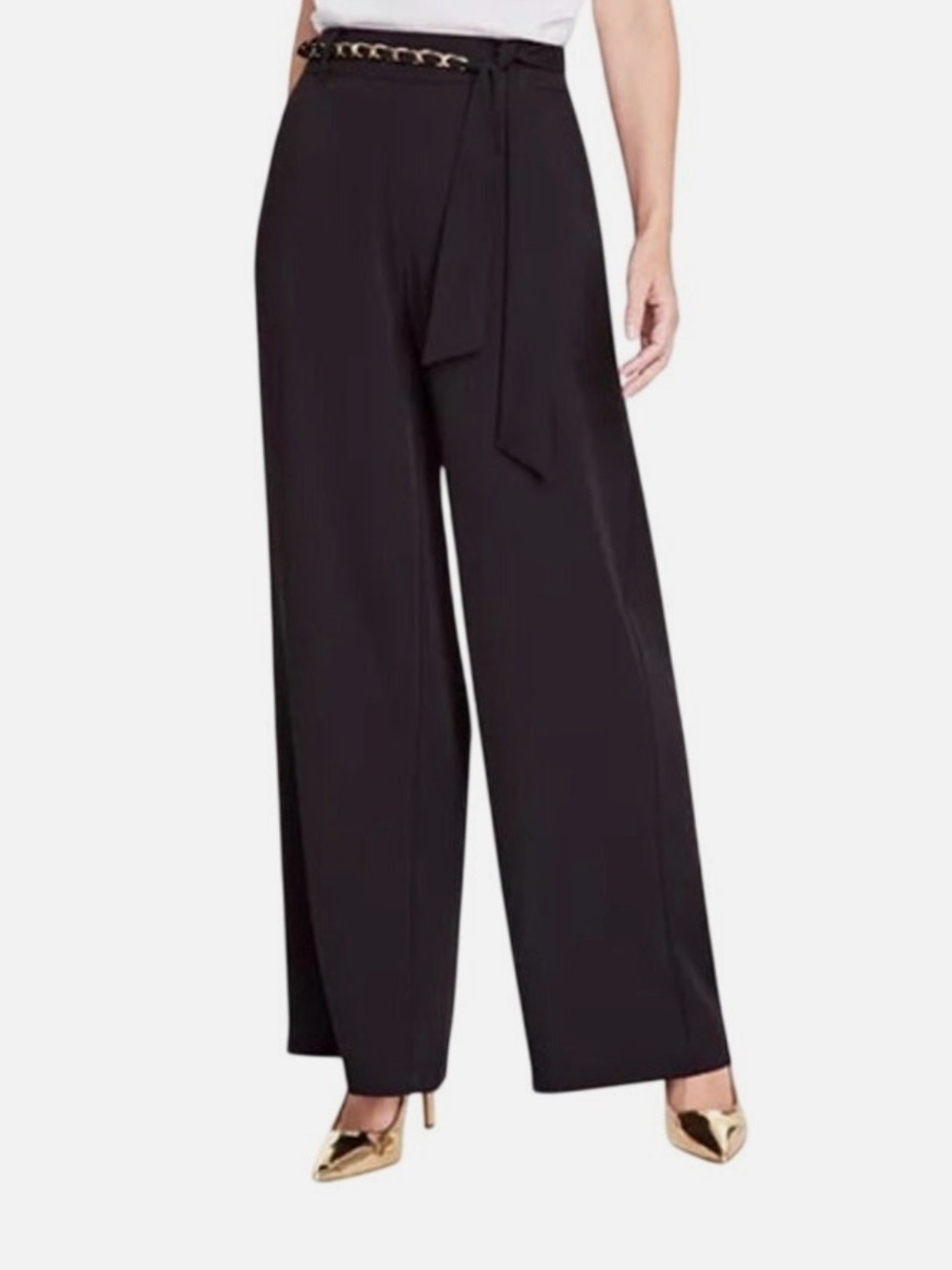 INC International Concepts Black Wide-Leg High-Rise Pants with Tie Belt
